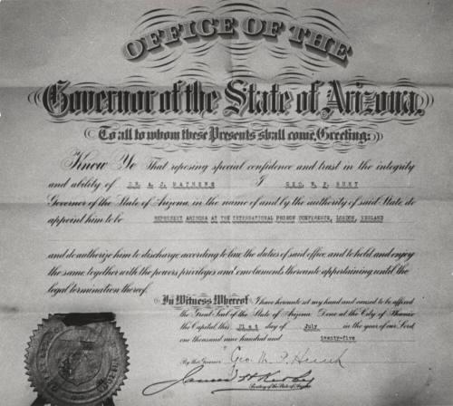 Certificate Appointing Dr. A.J. Matthews to Represent Arizona in England
