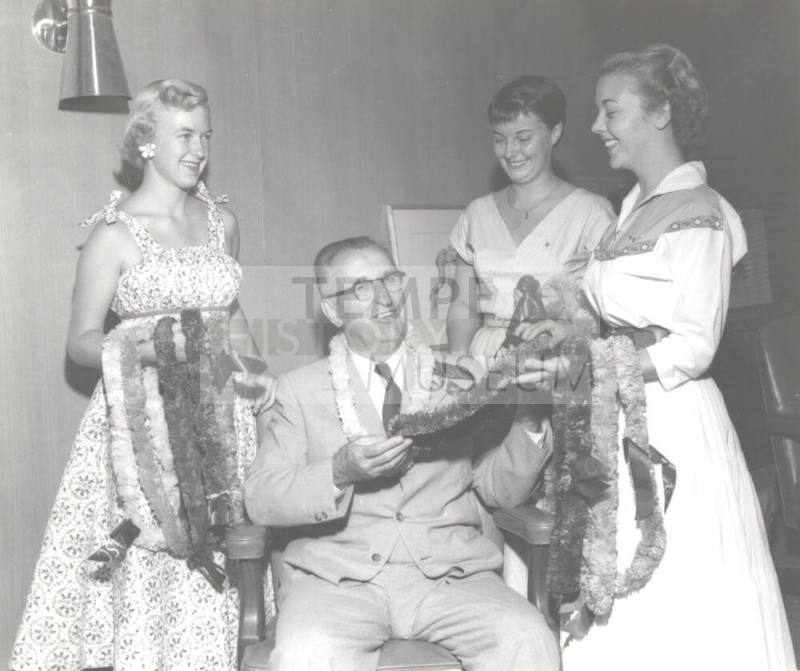 President Gammage Surrounded by Pretty Coeds for a Special Event