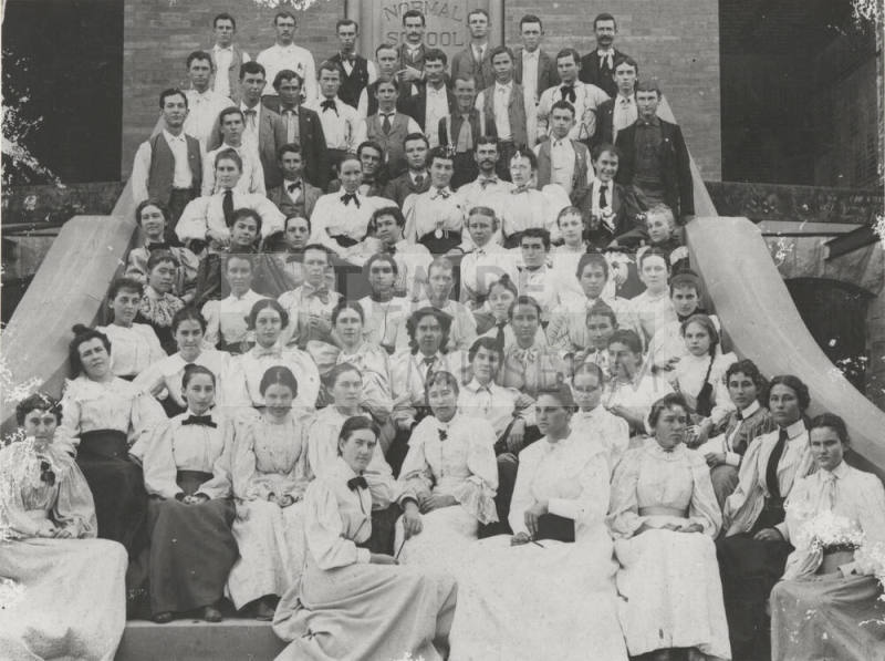 Students of the Normal School Division Seated on Front Steps of Uncompleted Main