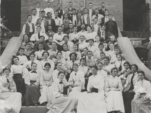 Students of the Normal School Division Seated on Front Steps of Uncompleted Main