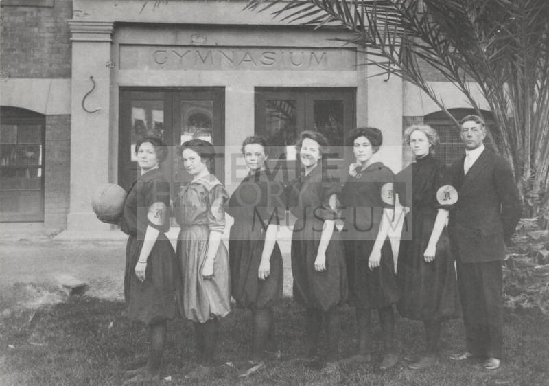 Normal School's Women's Basketball Team in Front of Gymnasium