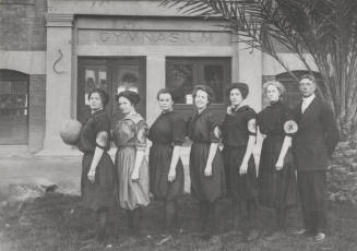 Normal School's Women's Basketball Team in Front of Gymnasium