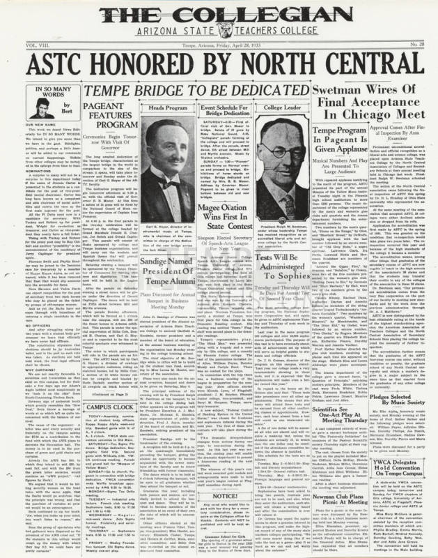 The Collegian Article On Arizona State Teachers College Honored by North Central